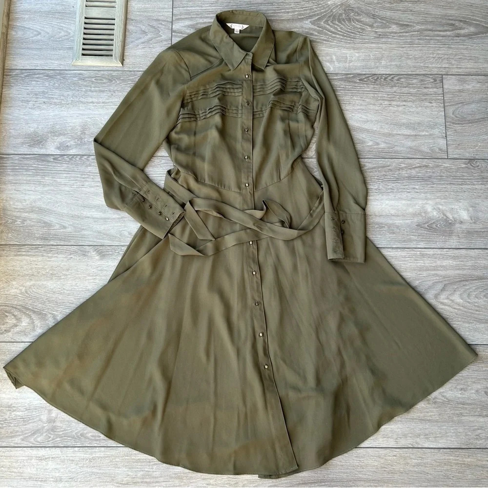 Nanette Lepore Military Green Button Down Midi Shirtdress with Slips - Picture 4 of 16